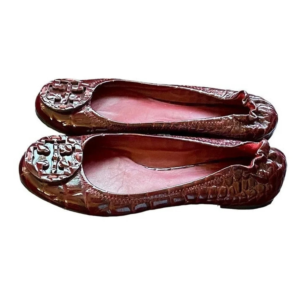 Tory Burch Minnie Travel Ballet Leather Burgundy Womens Casual US 6 M Slip Ons